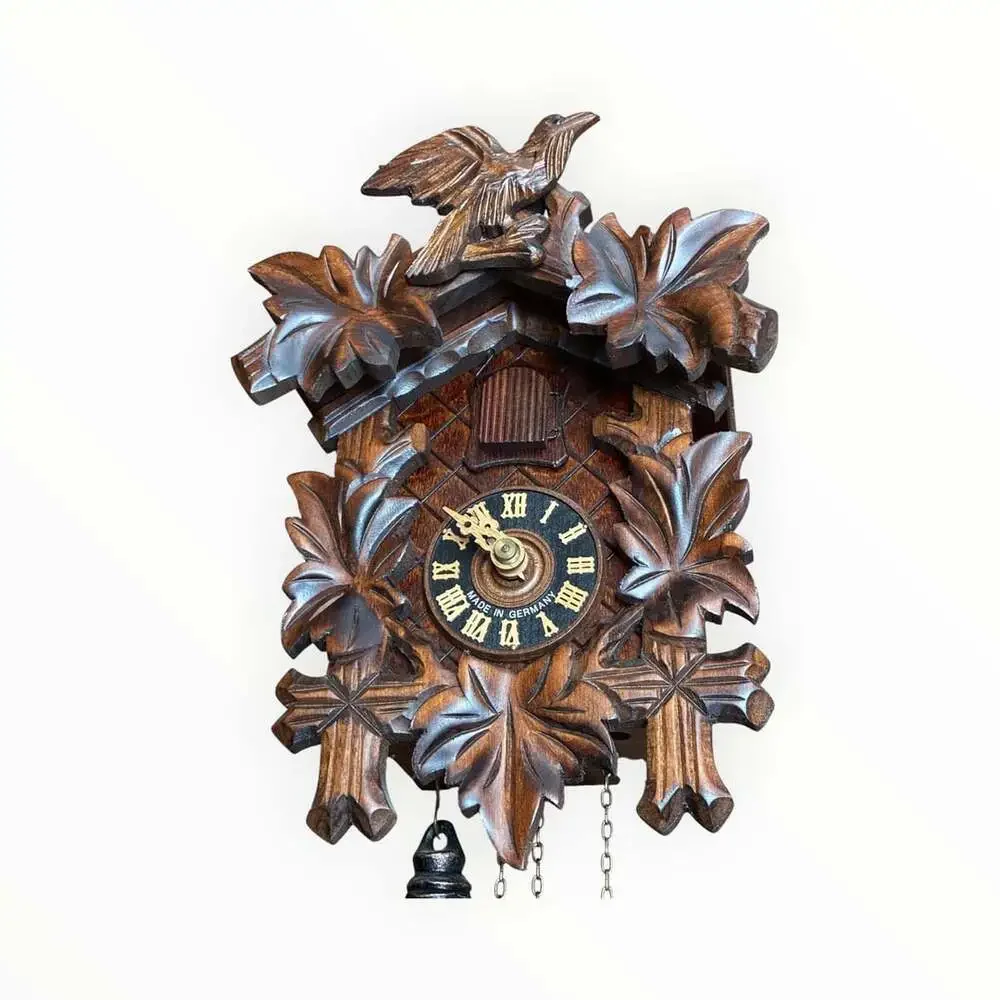 Black Forest Cuckoo Clock Hand Carved 5 Leaves and Bird Made in Germany VdS